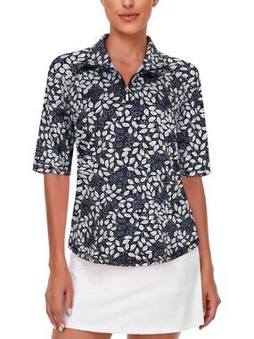 Womens White Leaf Golf Shirt Quick Dry Half Sleeve 1/4 Zip Tennis Top M-3XL